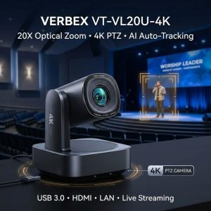 VERBEX VT-VL20U-4K 20X Optical Zoom PTZ Camera AI Auto-Tracking with USB3.0 HDMI LAN for Corporate Office, University, Worship Live Streaming Video Conference Camera Price in Bangladesh